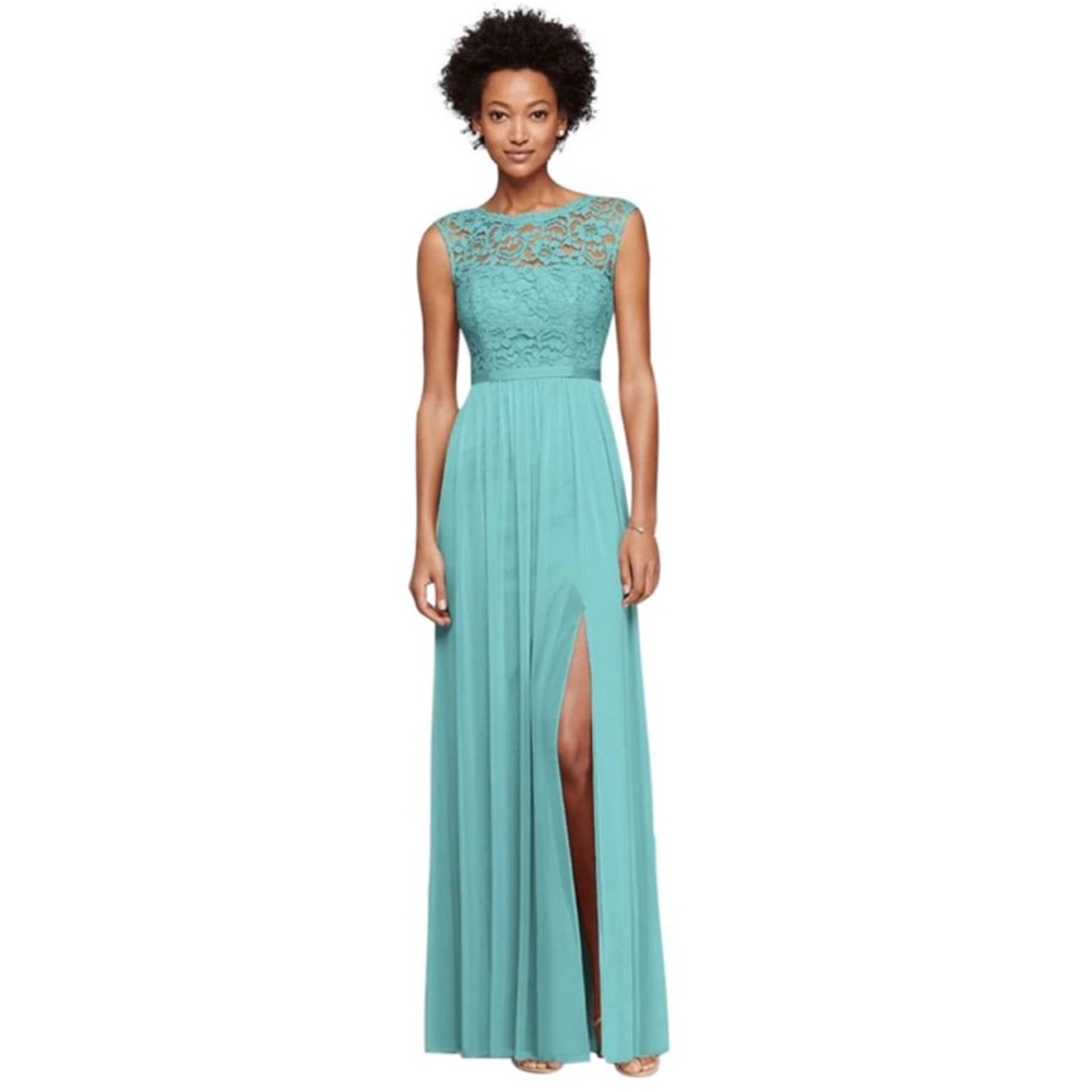 Long Bridesmaid Dress with Lace Bodice Color: spa